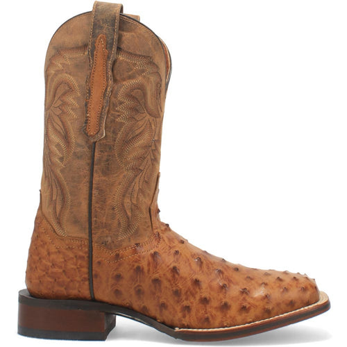 Dan Post Alamosa men's cowboy boots: Genuine tan ostrich foot, contrasting smooth leather shaft. Broad square toe, decorative stitching, stacked heel, and pull tabs for easy wear.
