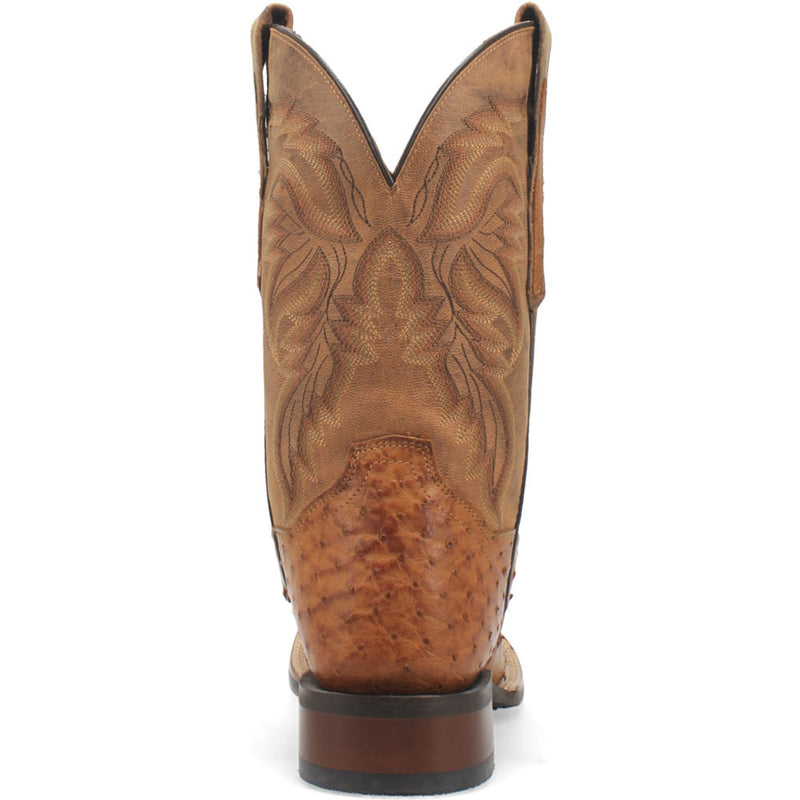 Men's Dan Post Alamosa cowboy boot. Tan ostrich foot & leather upper. Tall shaft with floral stitching. Broad square toe, elevated heel.
