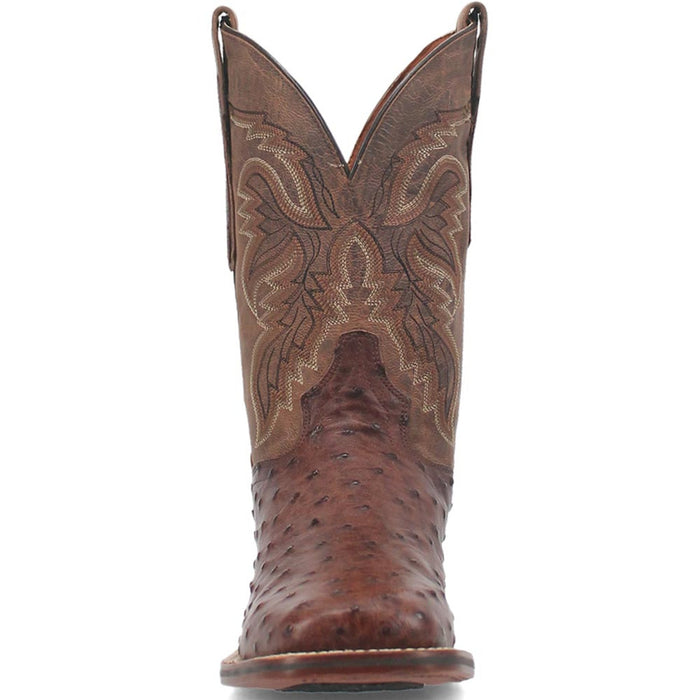 Dan Post Alamosa men's cowboy boot. Genuine brown ostrich leather with square toe. Decorative stitched shaft. Textured brown ostrich foot, patterned lighter brown upper.
