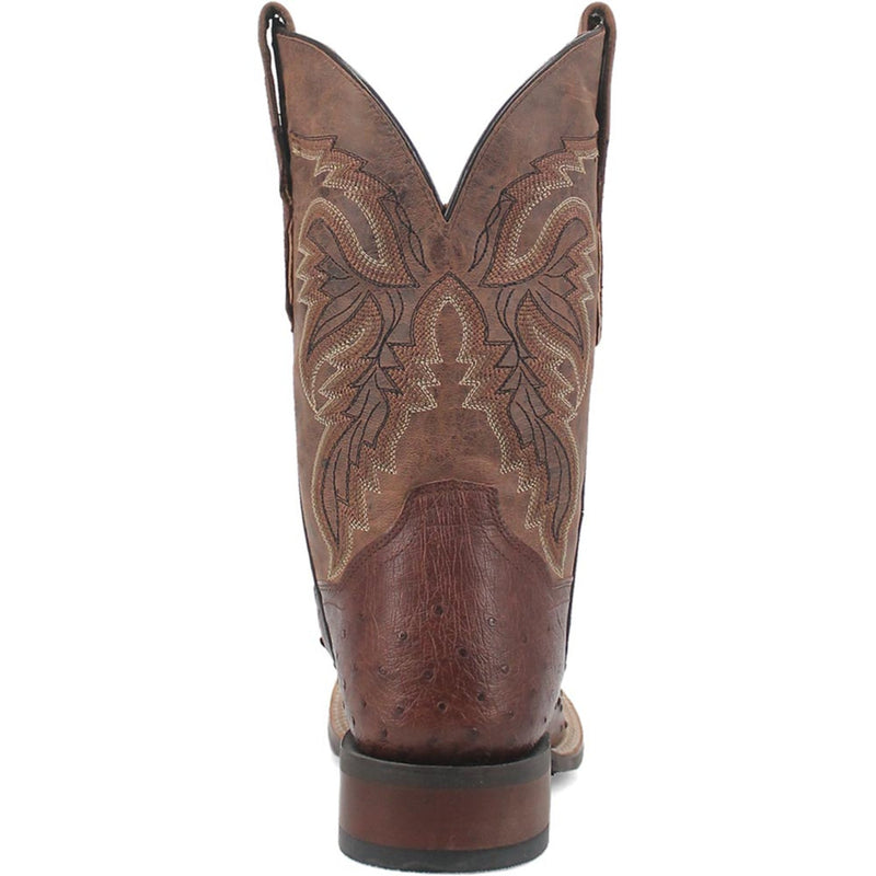 Dan Post Alamosa men's cowboy boot. Brown genuine ostrich, 11" shaft with stitched design. Square toe and low, stacked heel. Showcases brown textures.