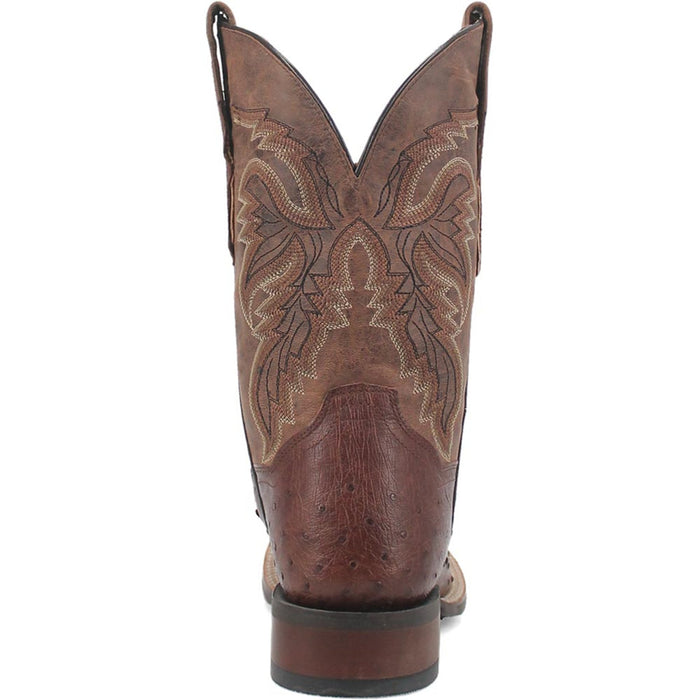 Dan Post Alamosa men's cowboy boot. Brown genuine ostrich, 11" shaft with stitched design. Square toe and low, stacked heel. Showcases brown textures.