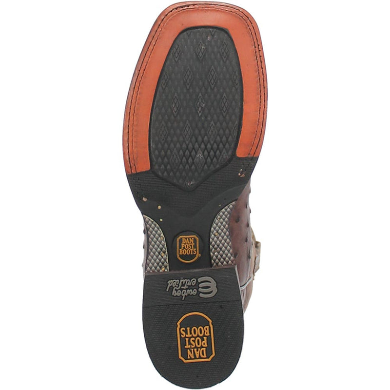 Dan Post Alamosa Brown Ostrich cowboy boots. Genuine ostrich leather with a textured pattern. Brown upper, black rubber sole with rectangular heel & orange accent. Square toe, side stitching.

