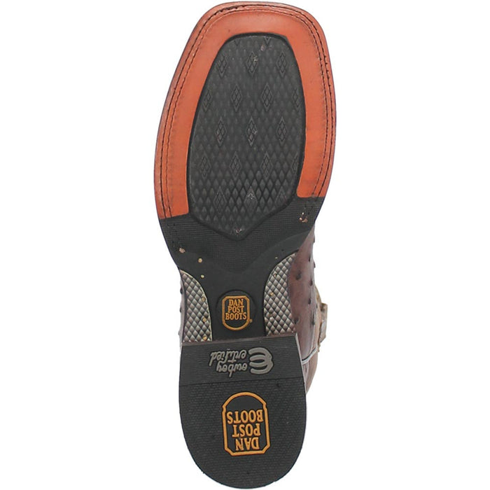 Dan Post Alamosa Brown Ostrich cowboy boots. Genuine ostrich leather with a textured pattern. Brown upper, black rubber sole with rectangular heel & orange accent. Square toe, side stitching.
