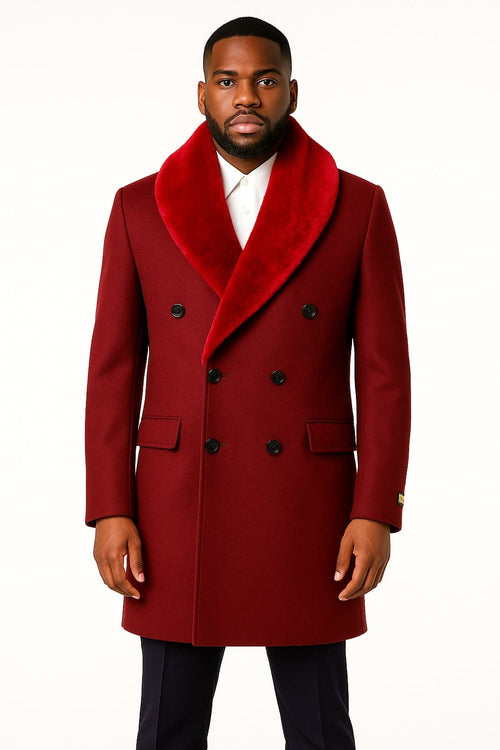 Mens Double-Breasted Burgundy Overcoat with Red Faux Fur Shawl Collar â€“ Alberto Nardoni Winter Coat