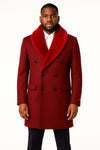 Mens Double-Breasted Burgundy Overcoat with Red Faux Fur Shawl Collar – Alberto Nardoni Winter Coat