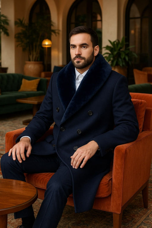 Mens Double-Breasted Navy Overcoat with Plush Blue Faux Fur Collar â€“ Alberto Nardoni Winter Coat