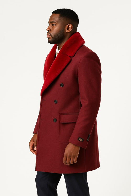Mens Double-Breasted Burgundy Overcoat with Red Faux Fur Shawl Collar â€“ Alberto Nardoni Winter Coat