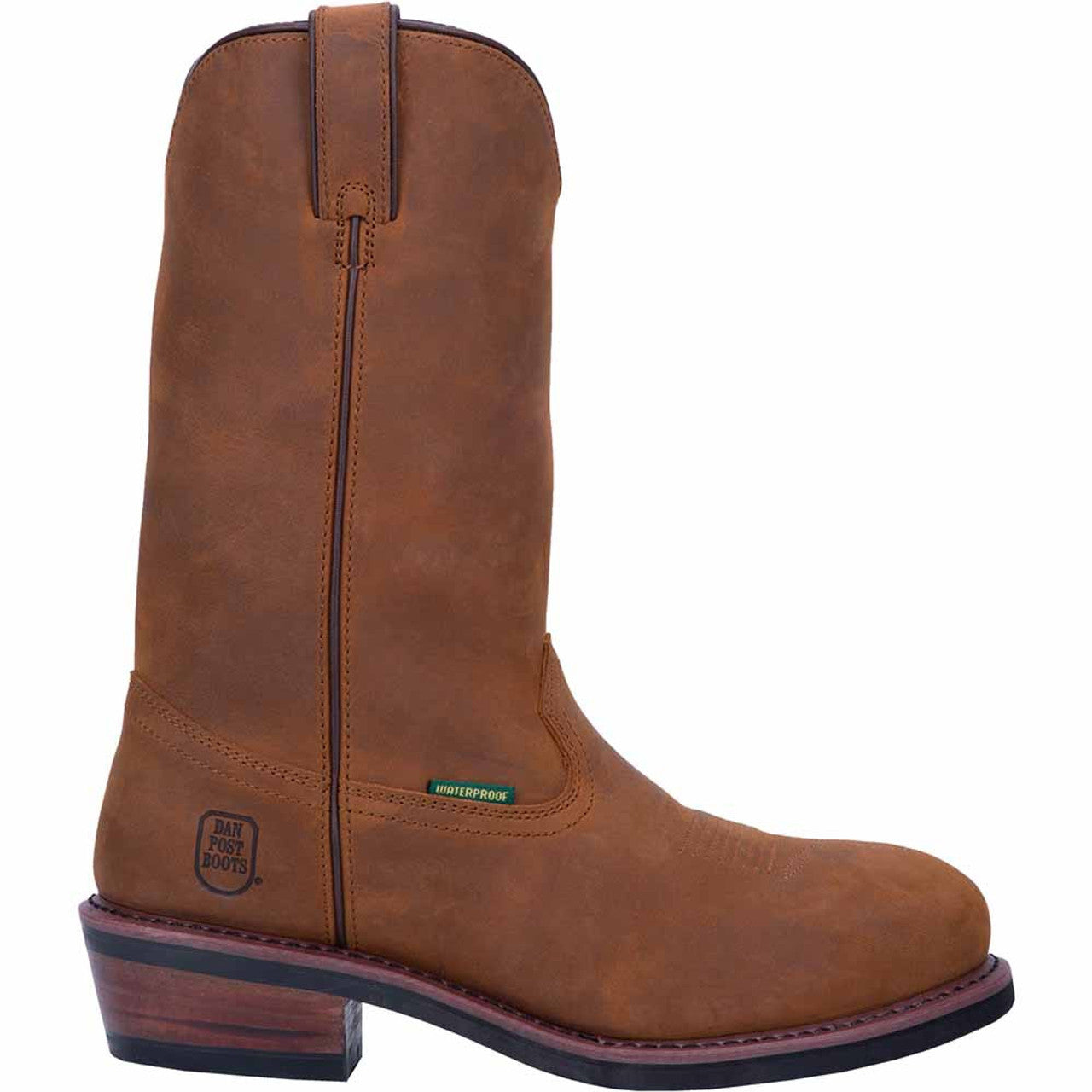 Dan Post Albuquerque cowboy boots. Mid-brown/tan leather, round toe, raised heel. Smooth texture, visible stitching, pull tab. Waterproof. Traditional tall, narrow design.
