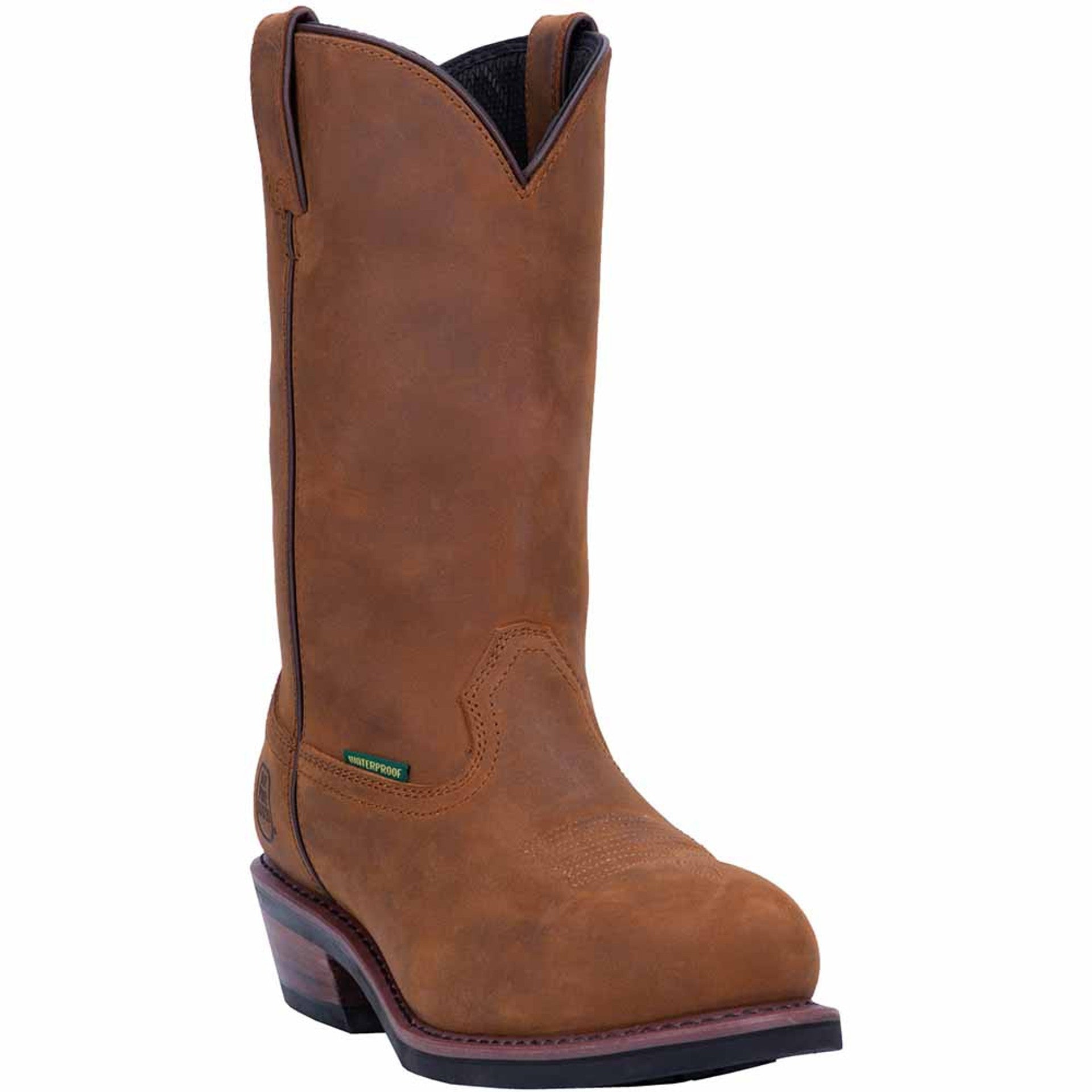 Dan Post Albuquerque men's cowboy boots. 12" tall, round toe, mid-brown/tan leather with subtle stitching. Matte finish, low heel, side pull tabs. Waterproof label. Western style.