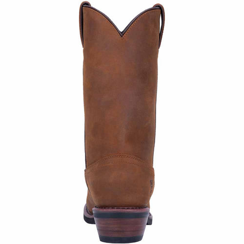 Dan Post Men's Albuquerque cowboy boots. Mid-brown & tan leather with a round toe and tall shaft. Sleek design, subtle stitching, & layered heel detail. Classic cowboy style.
