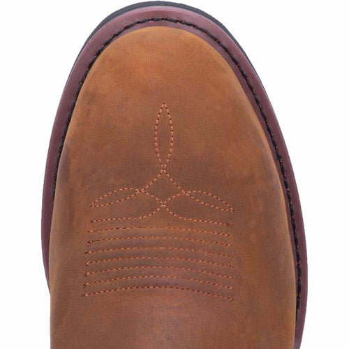 Dan Post Albuquerque cowboy boots for men. Brown and tan leather, round toe, mid-height. Decorative stitching on the toe, dark leather trim on the upper edge.
