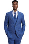 Men's Stacy Adams suit: vibrant blue windowpane plaid with a textured fabric. Includes double-breasted vest. Tailored fit, structured, peak lapel, front pockets, and button closure.
