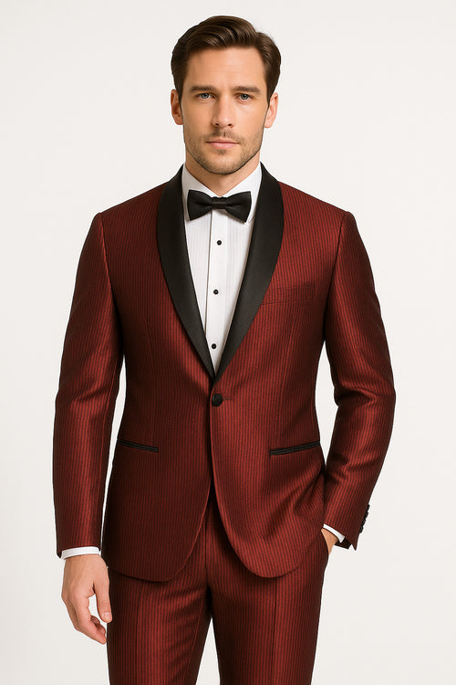 Men's Burgundy Shiny Tuxedo with Black Satin Shawl Lapel â€“ Ultra Slim Fit Party & Prom Suit