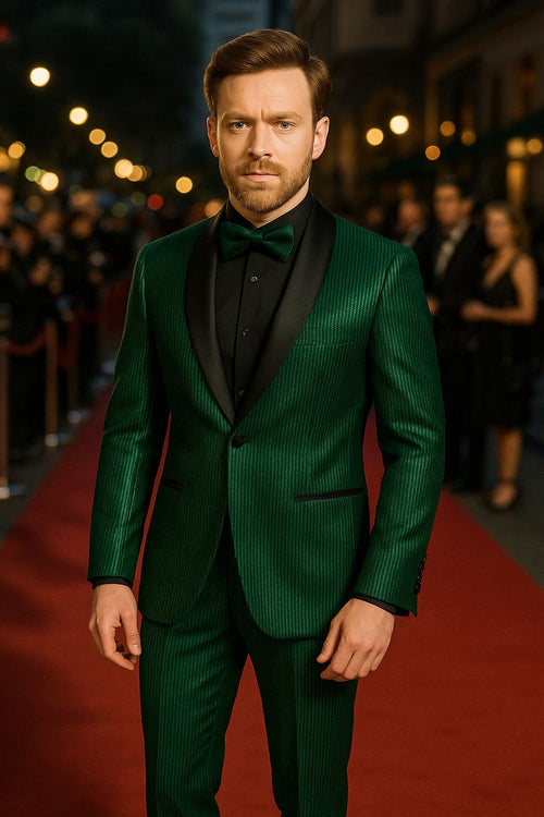 Men's Emerald Green Shiny Tuxedo with Black Satin Lapel and Matching Bow Tie â€“ Ultra Slim Fit