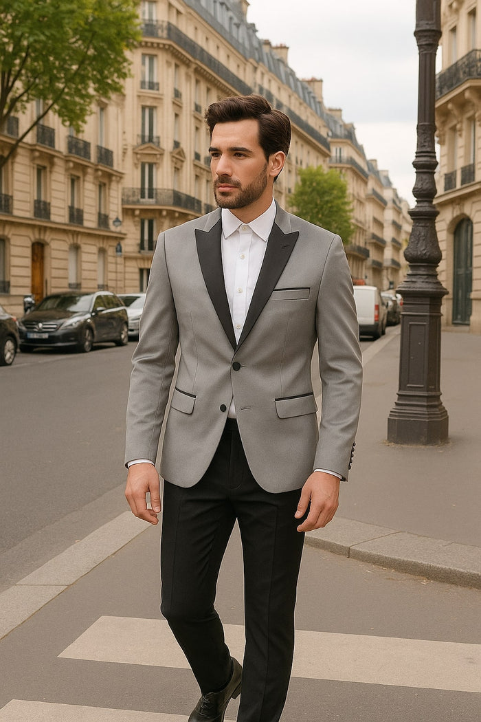 Men's Grey Velvet Tuxedo Jacket with Black Satin Lapel Suit Mens Blazer + Black Pants