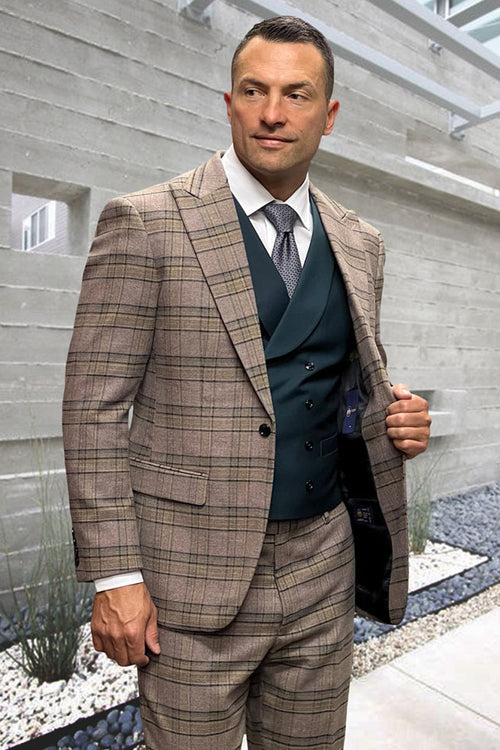 Men's brown windowpane wool suit with jade green vest. One-button, peak lapel, structured fit, and single vent.
