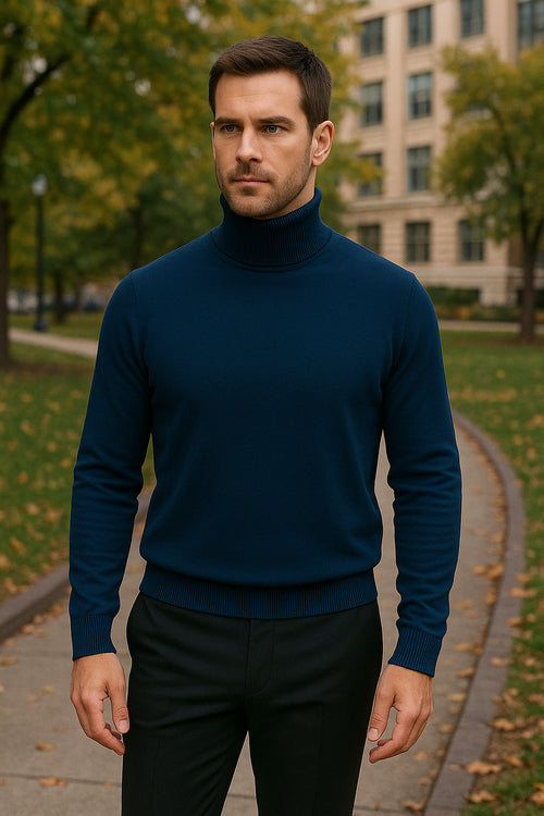 Men's Navy Blue Classic Turtleneck Sweater â€“ Lightweight Knit Pullover