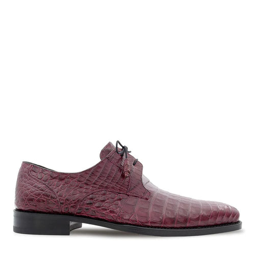 Mezlan's Anderson Burgundy lace-up shoe: genuine crocodile, pointed toe, burgundy embossed leather upper. Black laces & sole. Distinct crocodile scale pattern. Rounded heel.

