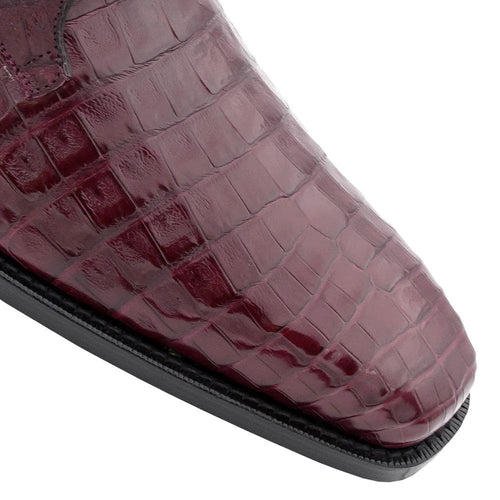 Burgundy Anderson lace-up shoes, crafted from genuine crocodile leather with a pointed toe and glossy finish. Features a patterned design and durable black rubber sole.
