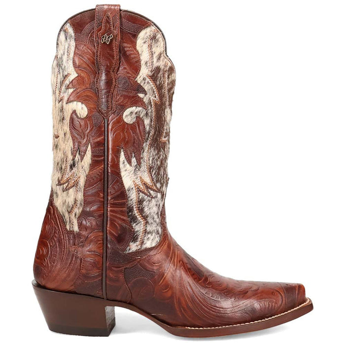 Dan Post women's Andrinna western boots in brown leather. Tall shaft with smooth leather and fur-like sides. Embossed ornate leather design. Pointed toe, stacked heel, contrasting textures.
