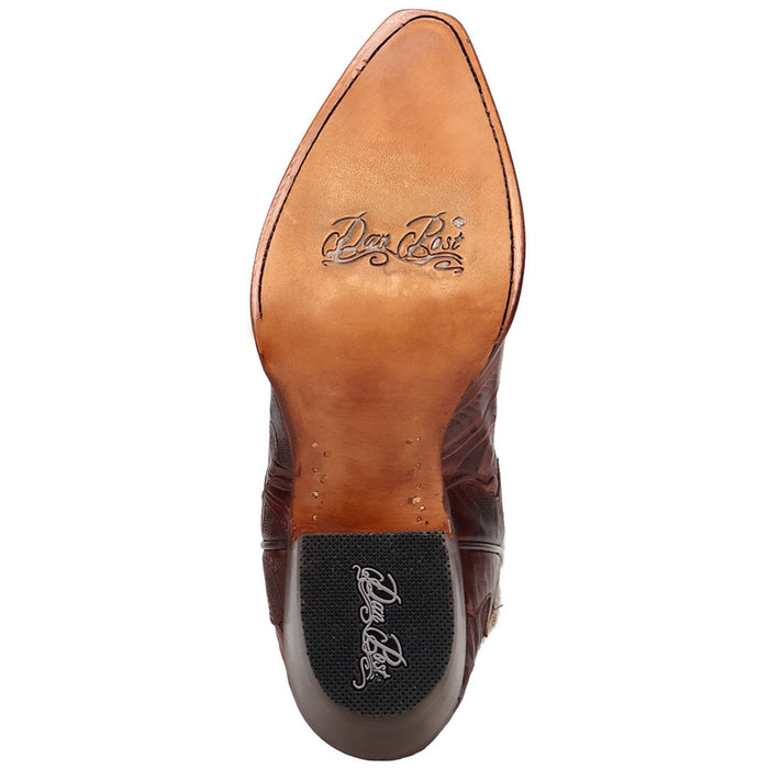 Dan Post Women's Andrinna brown snip-toe Western boots. Dark brown textured leather upper, smooth finish. Lighter leather sole with decorative stamp. Rubber heel cap for grip.
