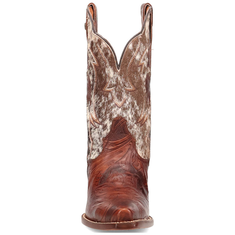 Dan Post Women's Andrinna Brown Western Boots: Tall shaft with V-cut, patterned brown/tan leather upper, intricate tooling, pointed toe, and stacked heel.
