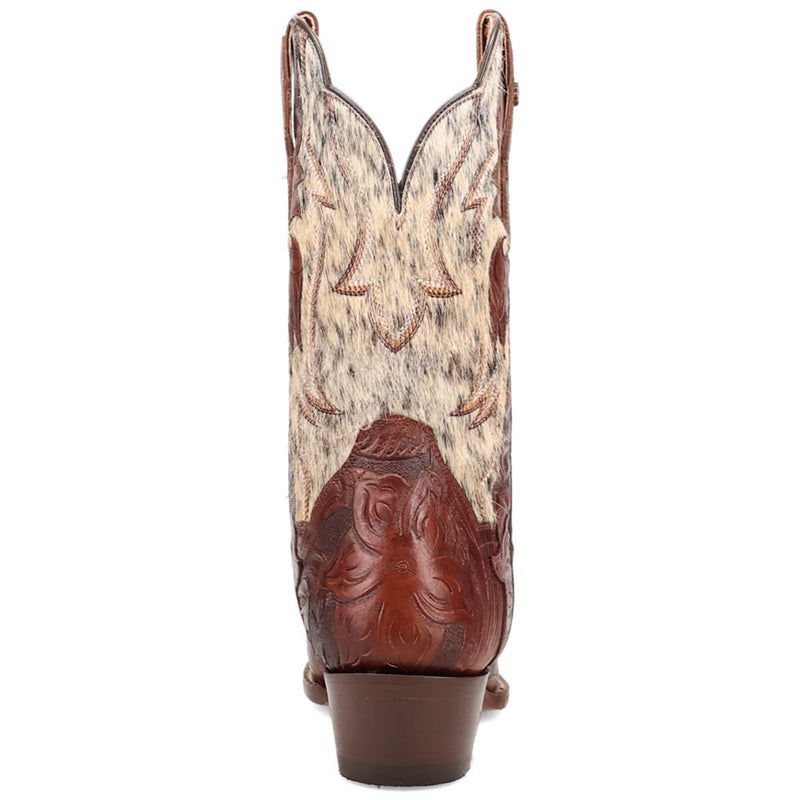 Dan Post women's Andrinna western boots. Brown leather base with patterned, hairy cowhide upper. Snip toe, western stitching. Solid dark brown heel. Floral/geometric patterned upper.
