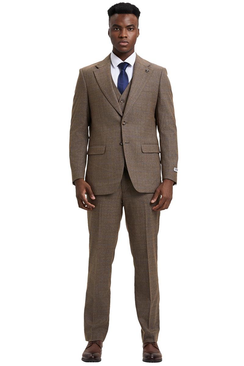 Men's Stacy Adams Modern Fit Vested Suit in Taupe Micro Check Plaid