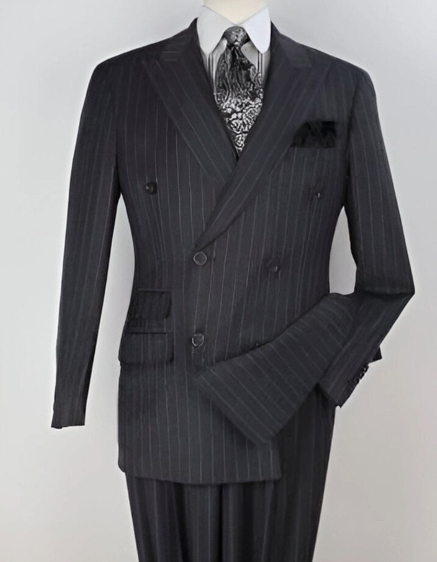 Double Breasted Suits - Vested Suits Wool Fabric - Apolo King Brand - Gray Stripe Suit