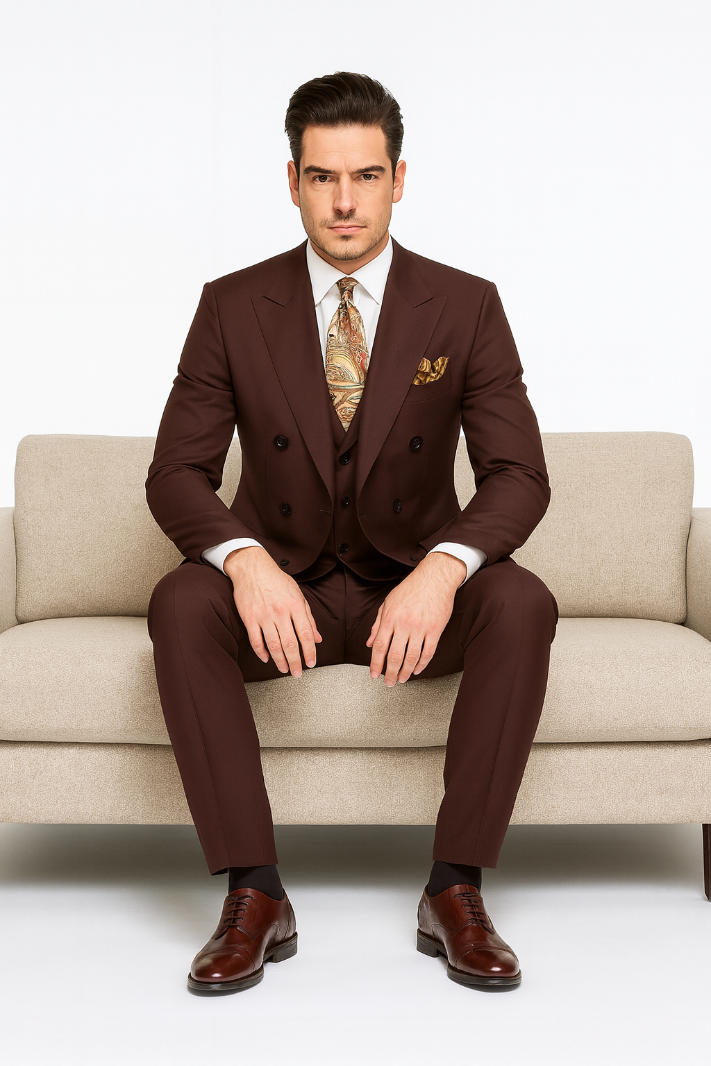 Double Breasted Suits - Vested Suits Wool Fabric - Apolo King Brand - Solid Brown Suit