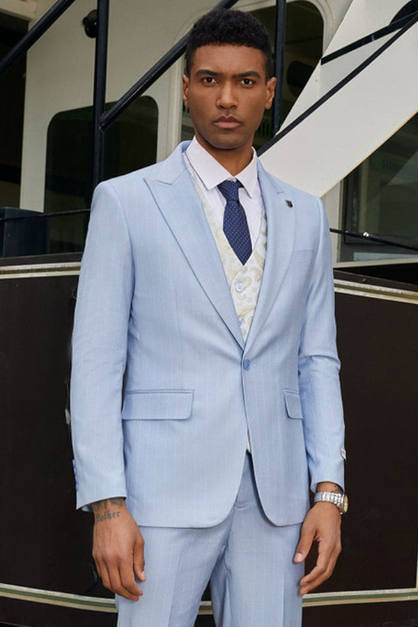 "Mens Stacy Adams Suit -Stacy Adams Men's Modern One Button Vested Suit - Light Blue Pinstripe"