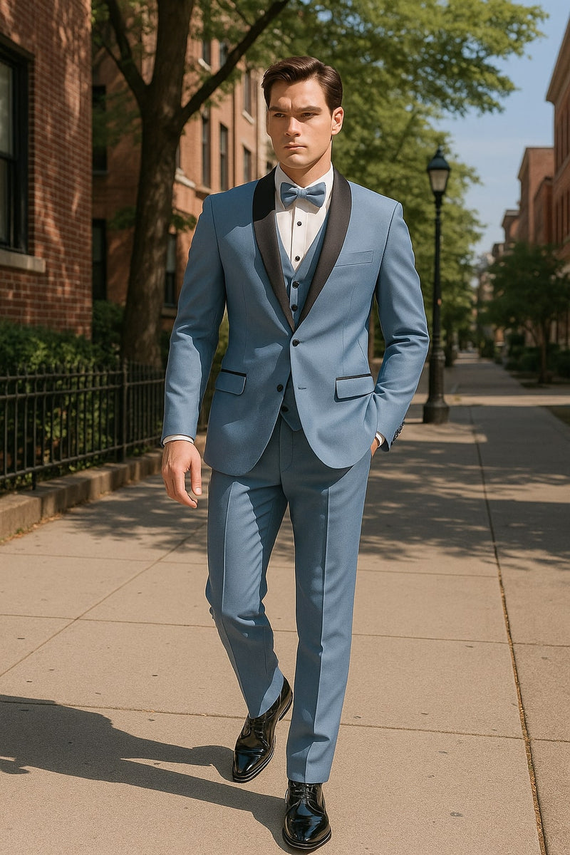 Sky Blue Suit with Black Shawl Lapel – Slim Fit Prom and Wedding Suit in Baby Blue