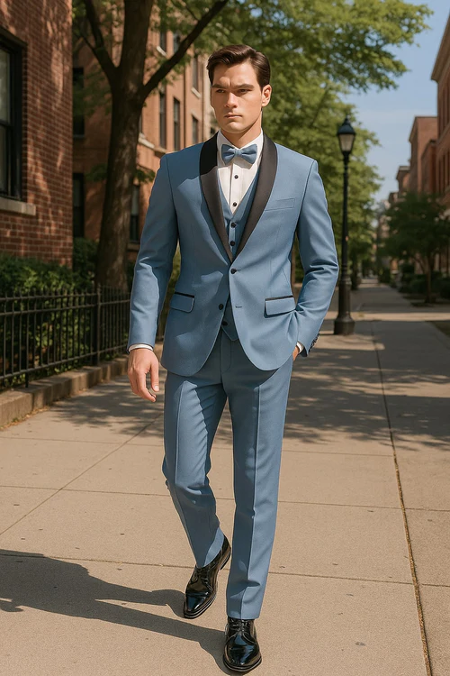 Dusty Blue Suit – Shawl Collar Vested 3-Piece Men’s Suit, Slim Fit Jacket, Pants & Vest