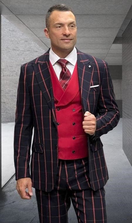 Athletic Black Red Windowpane Plaid Suit Modern Fit Wool