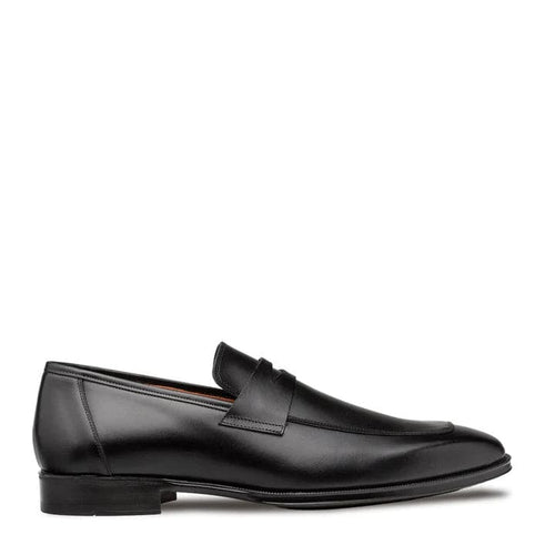 Black Mezlan Avenue penny loafer. Rounded toe, low heel, smooth leather. Features a saddle vamp and sleek silhouette. Minimal stitching, black outsole.
