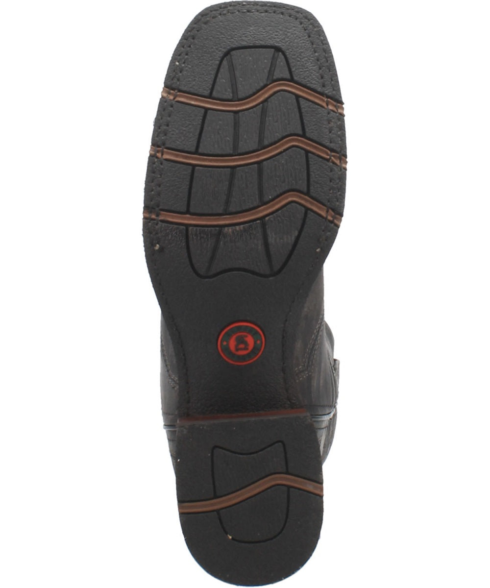 Laredo's black Axel boot: durable rubber sole with curved grooves and a central emblem. Brown accents along the edges provide a distinctive look.
