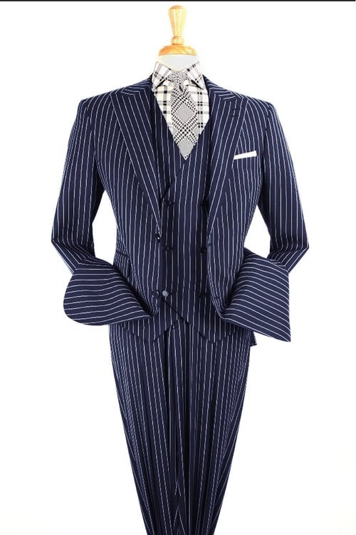 Mens Vested 1920's Wide Bold Gangster Pinstripe Suit in Navy Blue