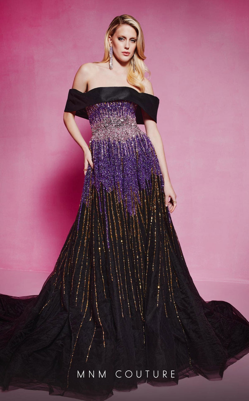 MNM Couture B1009 Sequin Off-Shoulder Evening Gown in Purple