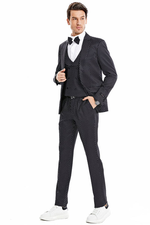 "Men's Black & White Mini Polka Dot Prom 2025 Suit - One Button Vested"