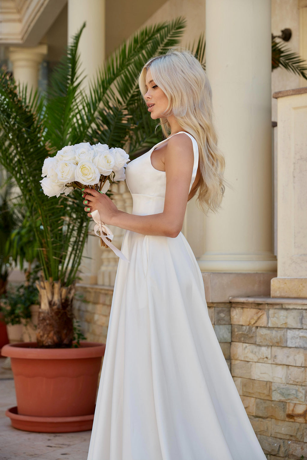 Tina Holly BA269W Wedding A-Line Flowy Minimal Evening Satin Dress