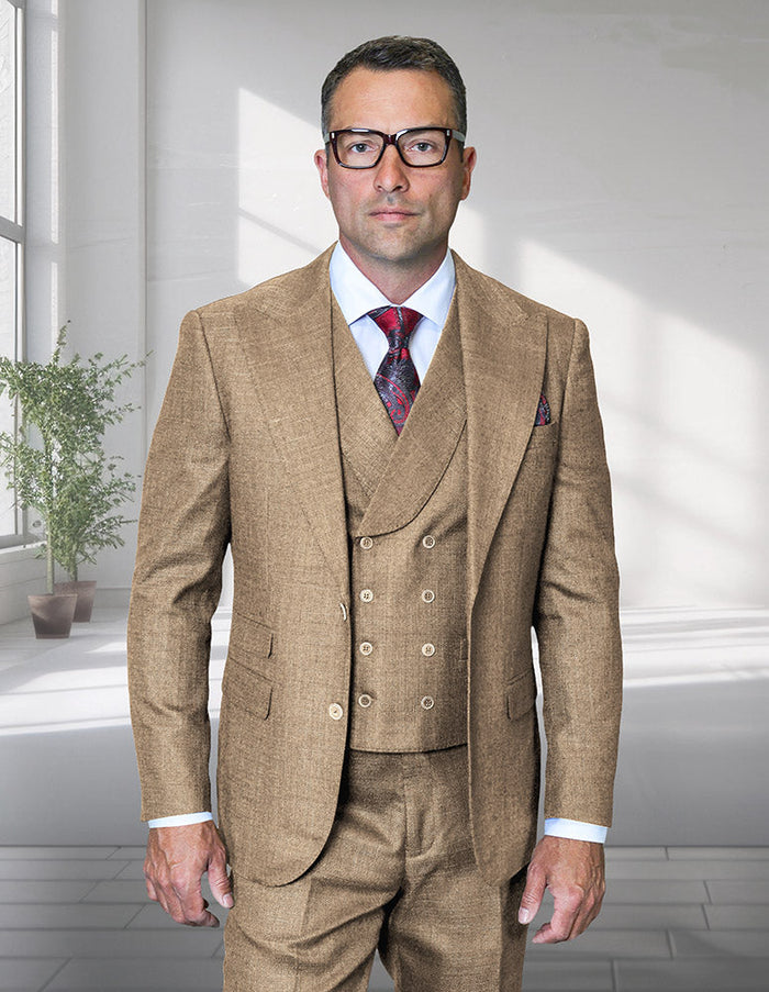 Mens Ticket Pocket Peak Lapel Double breasted Vest 100% Wool Tom Ford Style Modern Fit in Color "Bronze" By Statement