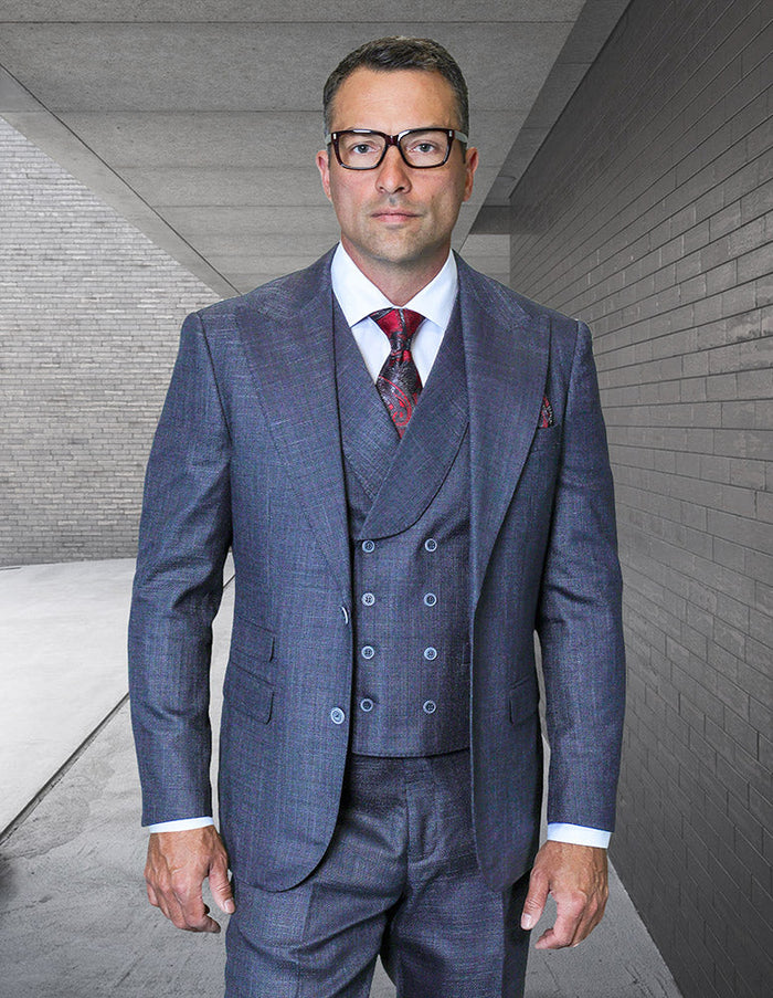 Mens Ticket Pocket Peak Lapel Double breasted Vest 100% Wool Tom Ford Style Modern Fit in Color "Navy" By Statement