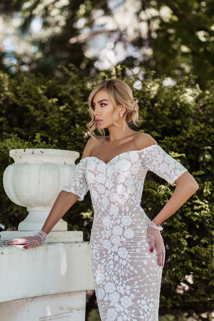 Tina Holly BB009 Wedding Mermaid Off-Shoulder Beaded Flowy Sequin Dress