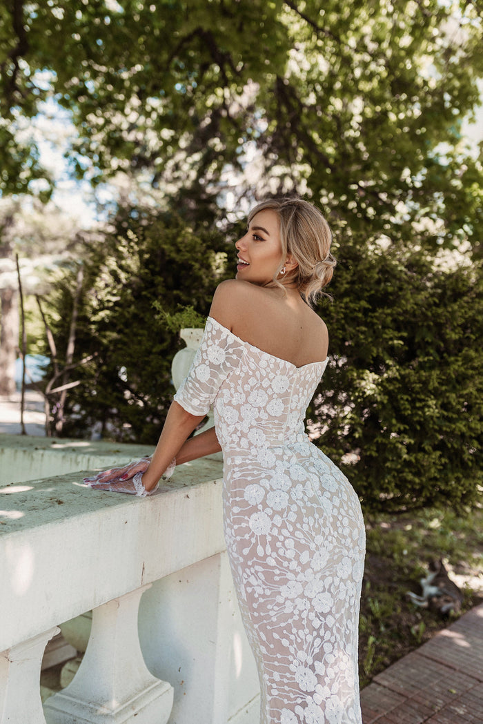 Tina Holly BB009 Wedding Mermaid Off-Shoulder Beaded Flowy Sequin Dress