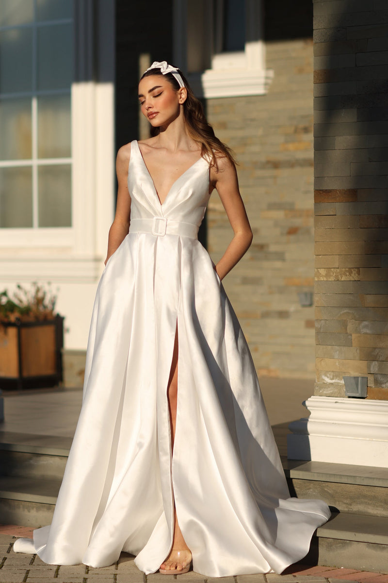 Tina Holly BB209W Wedding A-Line High Slit Pockets Flowy Mikado Dress