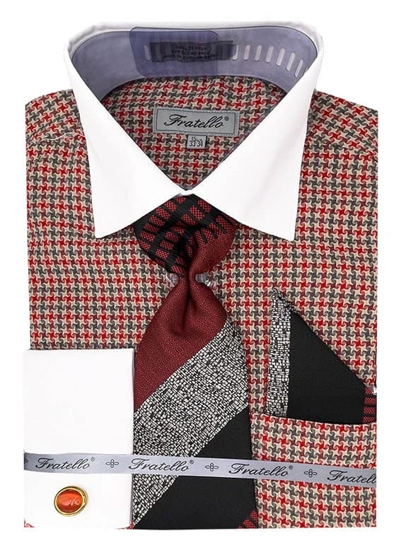 Men's Vintage Style Multi-colored Houndstooth Dress Shirt & Tie Package In Red