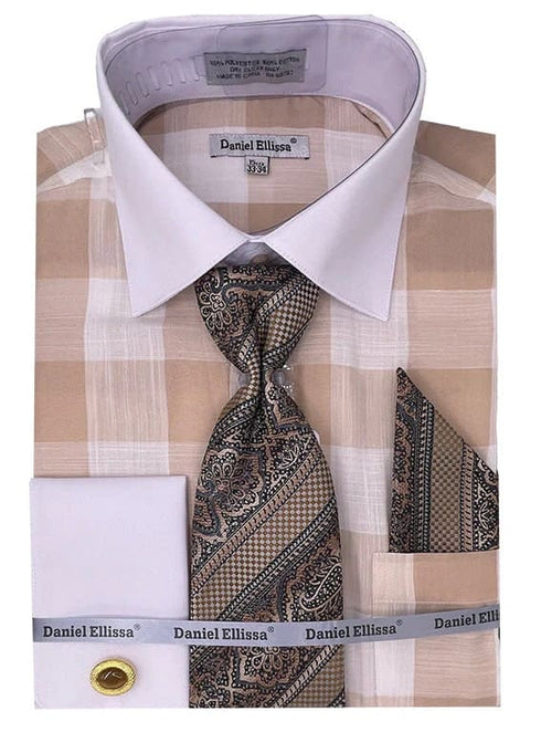 Men's Contrast Collar & French Cuff Picnic Plaid Dress Shirt Set In Beige