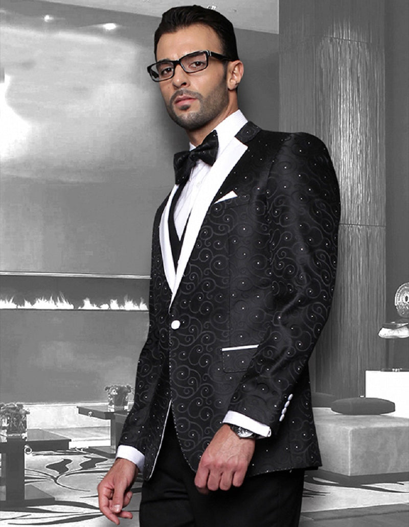 Black men's tuxedo with swirling pattern and notch lapel. Glossy fabric, tailored fit, white accents (pocket square, lapel trim).
