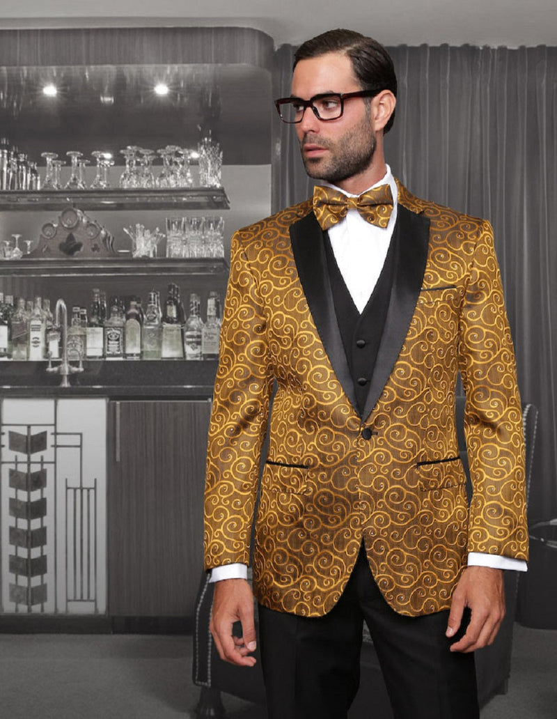 Gold men's tuxedo with swirl pattern, black satin lapel, and vest. Fitted silhouette, yellow swirls on gold, single-button closure, and side pockets. Formal and elegant.
