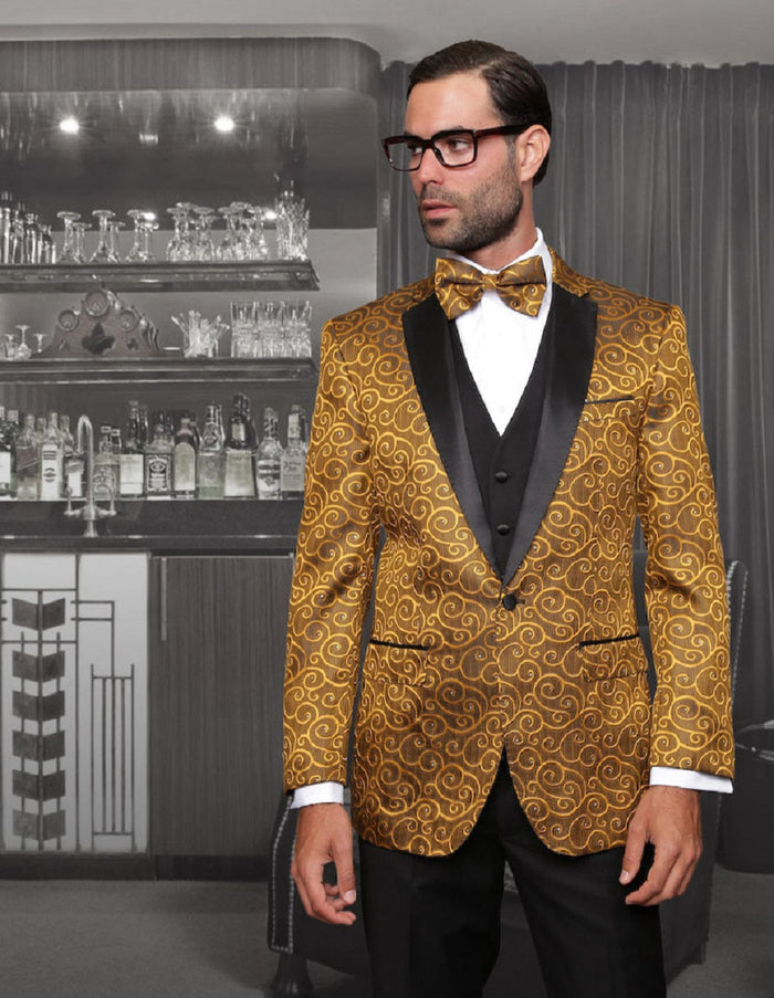 Gold men's tuxedo with swirl pattern, black satin lapel, and vest. Fitted silhouette, yellow swirls on gold, single-button closure, and side pockets. Formal and elegant.
